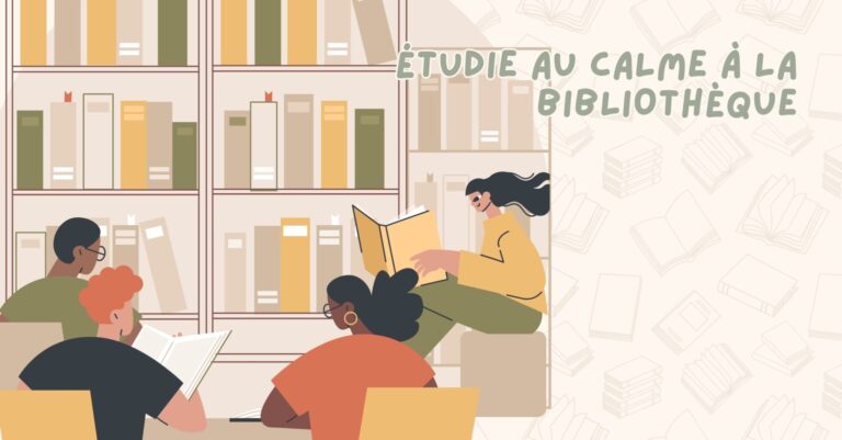 Illustration de jeunes lisant des livres dans une bibliothèque.