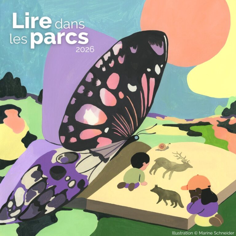 Illustration représentant des enfants et un papillon géant lisant un très grand livre au milieu de la nature.
