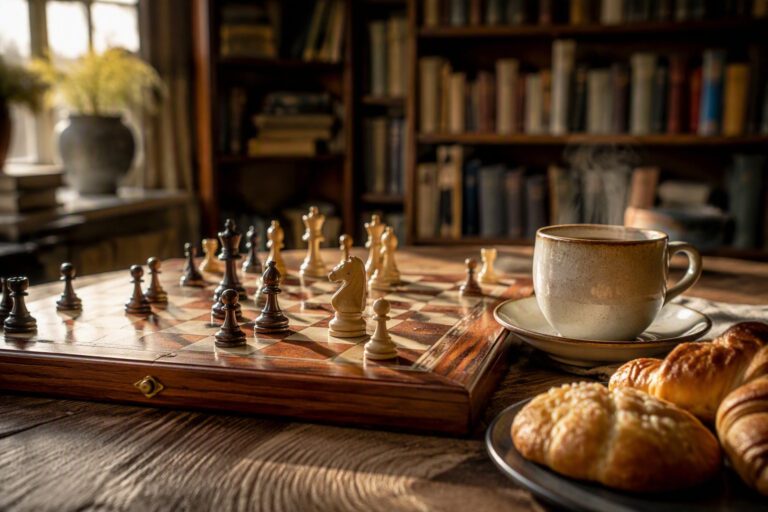 Échiquier, café et couques dans une bibliothèque.