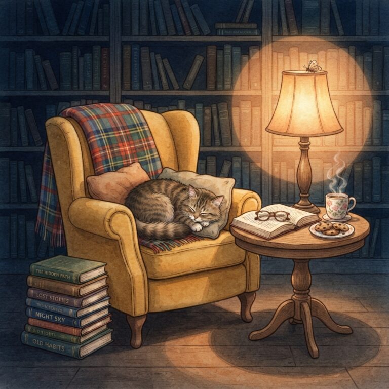 Illustration d'un coin lecture chaleureux dans une bibliothèque, avec un fauteuil, un chat endormi, une lampe allumée, des livres et une tasse fumante sur une table.